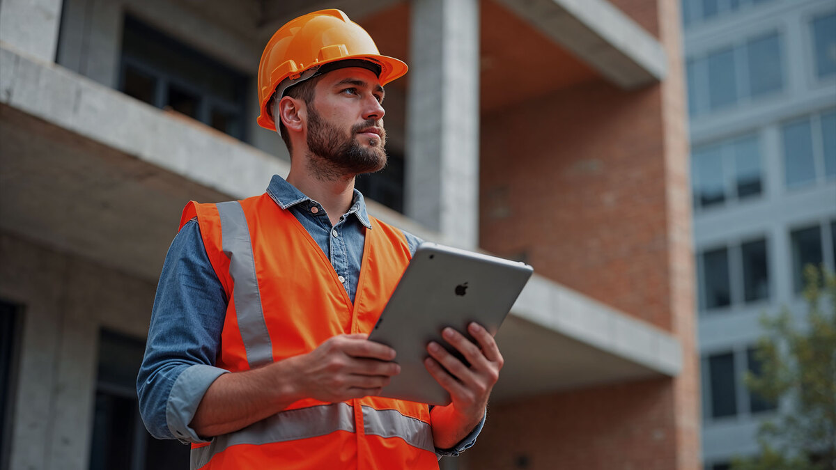 Profesional de la construcción con casco naranja y chaleco reflectante, sosteniendo una tablet frente a un edificio en obra. Transmite gestión de obra y digitalización en el sector construcción.